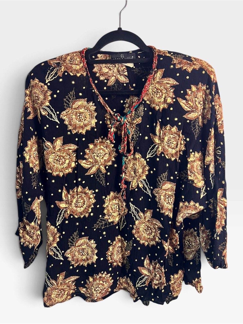Carole Little VTG Floral Tie-Neck Blouse in Black and Gold